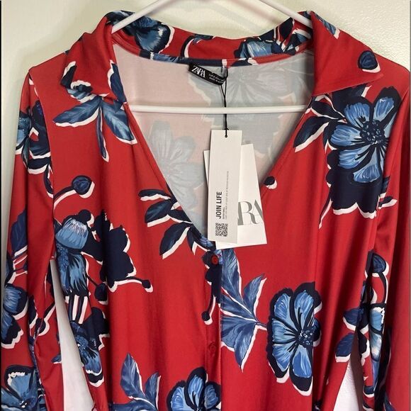 Zara Floral Buttons Down Long Sleeves Self Tie Midi Dress.Size S - Picture 9 of 16